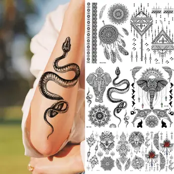 Временни татуировки с къна като Змия, Слон, Мандали За жени и момичета, реалистични стикер с изображение на Рози от пера Вълк и Лъв, татуировки на ръцете