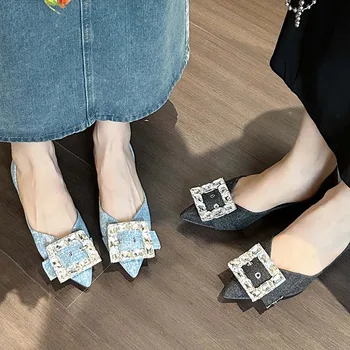 2023 Дамски обувки-машина, дамски сандали, без закопчалка, елегантни кристали с остри пръсти, ежедневни летни дънкови обувки с плоска подметка