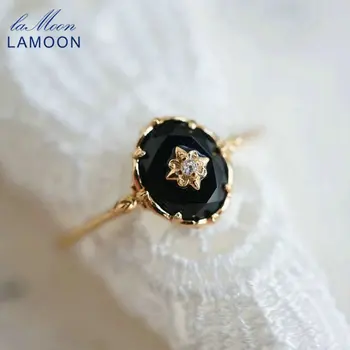 Женски пръстен LAMOON с натурален черен агатом, пръстен със скъпоценния камък, сребро проба 925, Злато Vermeil, изискани бижута, Реколта Елегантно бижу