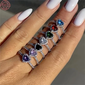пръстен от сребро 925 проба, цветен пръстен с кристал във формата на сърце, подходяща като аксесоар, декорации с ръцете си подарък за семейството