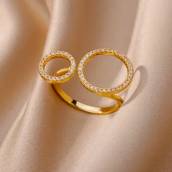 Двойни кръгли пръстени от неръждаема стомана с цирконием за жени, отворено бъде позлатен пръстен на пръста си, прости модни корейски бижута, сватбен подарък