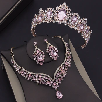 Луксозни комплекти, сватбени бижута от розов кристал за жени, диадеми, колиета, гребени за сватбената корона за момичета, бижута за булката