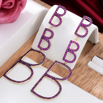 Романтични луксозни дамски обици-висулки с голяма буква B, сватба, с кубическим цирконием, брачни, индийски обеци за жени