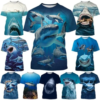 Лятна Ежедневни тениска с кръгло деколте и къс ръкав, популярна тениска с 3D-принтом под формата на Голяма бяла акула, модна тениска унисекс в стил хип-хоп