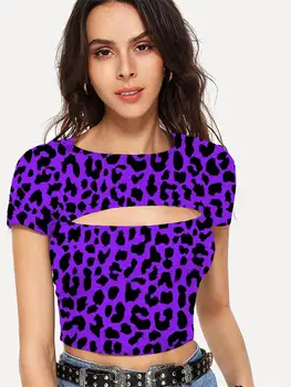 Somepet Леопардовая тениска Дамска Лилава Тениска С Гол Пъпа Harajuku С принтом в стил Хип-Хоп, 3d Тениски С къс ръкав В стил Пънк-Рок