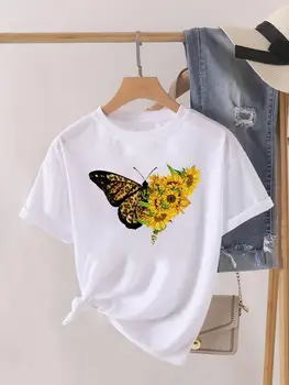 Модна тениска с къс ръкав и принтом във формата на пеперуда с леопардовым цвете, дамски топ, дамски риза, тениска с кръгло деколте, дрехи