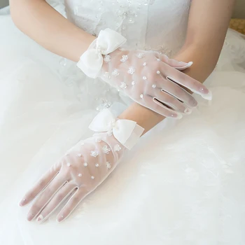 Нови тънки мрежести марля ръкавици с лъкове, женски прозрачни сватбени къси ръкавици за булката, сексуална тънки ръкавици-ръкавици без пръсти
