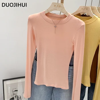 DUOJIHUI, Основни Дамски тениски с кръгло деколте, Есенни прости ежедневни Модерен 4 цвята, Класически Дамски тениски с дълъг ръкав