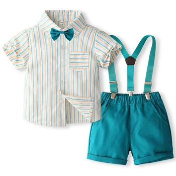 Летни дрехи за малки момчета на Корейската мода, Джентльменские блузи с къс ръкав райе + Шорти + Вратовръзка + бретельки, Комплект детска бутиковой дрехи BC731