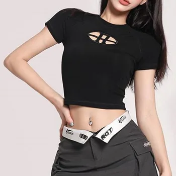 Луксозен дамски секси тениска Y2k с къс ръкав, блузи в стил пънк с отворена буква H и бродерии, готически дамски тънки къси тениски с кръгло деколте
