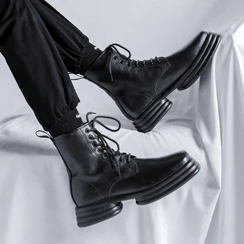 мъжки модни обувки на платформа, черна тенденция марка дизайнерски обувки, дрехи за нощен клуб, каубойски ботуши от естествена кожа, мотоциклетни ботуши