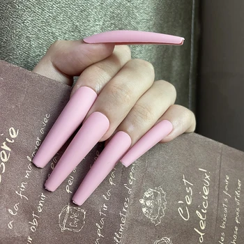 XXL Дълги режийни ноктите на клечка с пълно покритие 12 размери Розово Матиран ковчег Балерина Режийни ноктите Дисплей за форма за изграждане на нокти