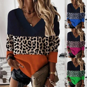 2022 Дамска мода Плюс Размер, Свободни за Ежедневни блузи с дълъг ръкав, Леопардовый принт, Цветен принт, V-образно деколте, Пролетни И есенни блузи