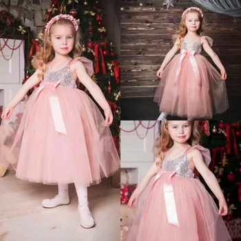 Прекрасно тюлевое дантелено рокля с лък и колан за момичета в цветенце, бални рокли на принцеси за първо причастие, детски подарък-изненада за рожден Ден