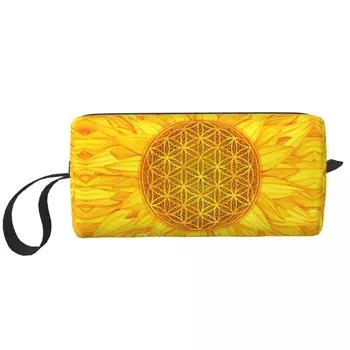 Чанта за тоалетни принадлежности Flower Of Life Sunflower Преносима Мандала Цвете на Сакралната Геометрия Козметични Органайзер за грим Комплект за съхранение на козметика Калъф