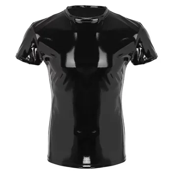 Секси мъжка тениска с мокър ефект от PVC-кожа, Жилетка, Риза, латексова Клубна дрехи, С Костюм, Облегающая Тениска, Топ, Плюс Размер 5XL