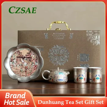 Подаръчен комплект за чайника Dunhuang Premium Сребристо-керамични преносим чай набор от Кунг-фу, подходящ за подарък и за домашна употреба