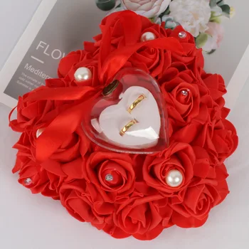 Възглавници за пръстени във формата на сърце от рози с предавателна кутия, Бижута подарък от седеф и планински кристал, Подарък за Свети Валентин, Годеж, сватбена украса