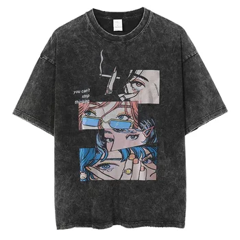 Тениска с изображение на аниме y2k Harajuku High Street Мода, мъжка и дамска тениска, дрехи от качествен памук, черни тениски оверсайз