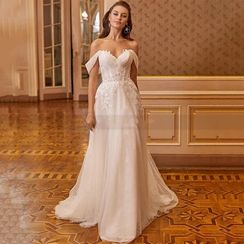 Красиви елегантни сватбени рокли Трапецовидна форма, Секси Русалка с отворен гръб, Изящни дантелени апликации С открити рамене, Романтична рокля на булката 2023 година.