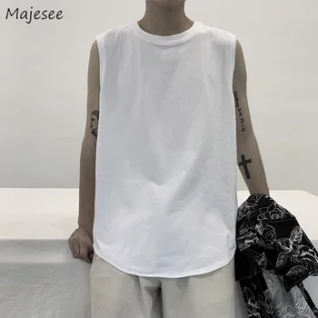 Бели върхове на бретелях, мъжки летни Прости основни обикновена тениска без ръкави, ежедневни Мъжки тениски за джогинг, Свободни ежедневни ризи на Корейската мода