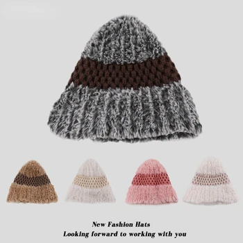 Нова корейска хет-бини, есенно-зимни дамски шапки от изкуствена кожа, ежедневна мода, дива вязаная защита на ушите, топъл пуловер, шапка