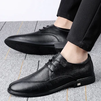 Мъжки модел обувки от естествена кожа, Нови, най-горния слой волска кожа, Луксозна марка мъжки бизнес обувки, Булчински обувки, ежедневни мъжки обувки с нисък покрив