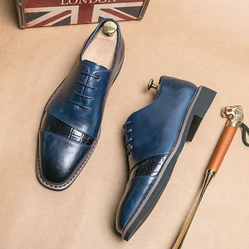Мъжки модел обувки за Сватба, ръчно изработени Кафяви Реколта сини обувки-дерби Мъжки Черни Сини Бизнес обувки с дантела-с кръгло бомбе