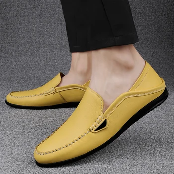 Италиански луксозни мъжки лоферы Мокасини от естествена кожа, Ежедневни обувки Класическа лятна мъжки обувки, без съединителни Модна марка обувки за шофиране