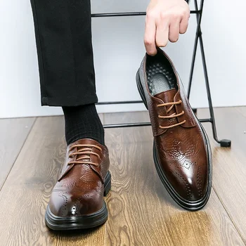 Нови черни мъжки обувки-дерби, кафяви вечерни мъжки обувки дантела с кръгло бомбе, изкуствена кожа, Размер 38-46, мъжки модел обувки