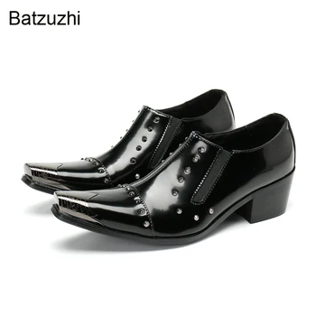 Мъжки обувки Batzuzhi на висок ток 6 см, Черни лакирани модела обувки, Мъжки обувки с Остри пръсти, Модерен бизнес/ вечерни и булчински обувки, 38-47
