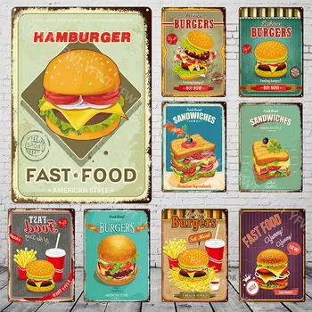 Метални табели за заведения за бързо хранене, реколта лидице знак за хамбургери, декорация на стените в ресторанта за специалитети, кафене, закусвалня, метални табели за бургери