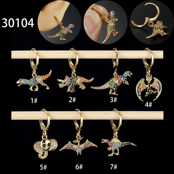 1БР Луксозни 18-Каратные позлатени обеци-халки с динозаври за жени, цветни обеци с кубическим цирконием, бижута за пиърсинг