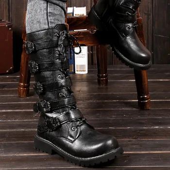 Мъжки обувки в стил пънк, тактически мъжки военни обувки за пустинята, високо качество на улични мотоциклетни ботуши, зимни мъжки обувки, Високи кожени ботуши.
