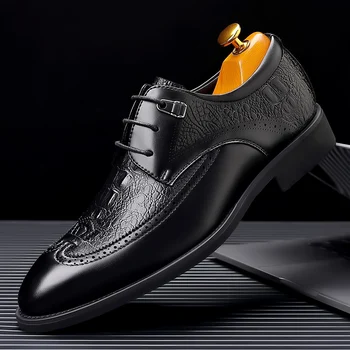 Класически мъжки модел обувки, Мъжки модни oxfords дантела, обувки от лачена кожа, официални делови обувки от черна кожа за сватбени партита, мъжки обувки