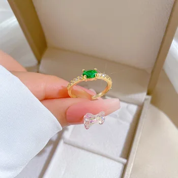 Елегантни медни пръстени във формата на короната на принцеса със зелен цирконием за жени и момичета, Регулируем пръстен с отворен пръст, Аксесоари, Подаръци за деца и приятели