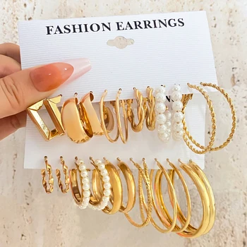 KISSWIFE, комплект метални перли обеци златен цвят за жени, Реколта геометрични обеци-халки, набор от очарователни бижута, подаръци за партита 2022, Новост