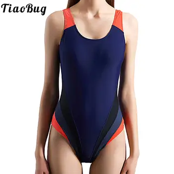 Дамски спортни цели бански Tiaobug в цвят блок, спортен боди с кръгло деколте и деколте на гърба, бански костюм за тренировки и състезания