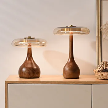 2024 Нов Стил led луксозна настолна лампа от мед, дърво и стъкло, настолна лампа за прикроватной нощни шкафчета, дом на изкуството, декоративна настолна лампа под формата на гъбата