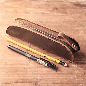 Нова чанта за писалки с цип, Кожена чанта за писалки ръчно изработени, Творчески Канцеларски материали, Ретро Чанта за съхранение на химикалки
