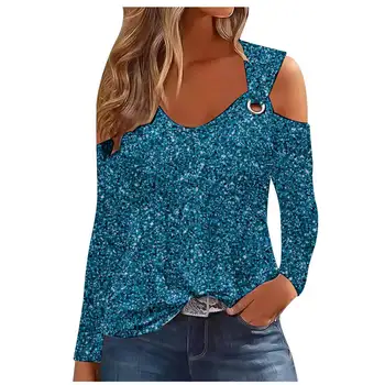 Секси дамско тениска с открити рамене, Модни блузи с дълги ръкави и V-образно деколте на метални пуговице 2024, Есенно-зимния Основен топ с дълъг ръкав, женски 