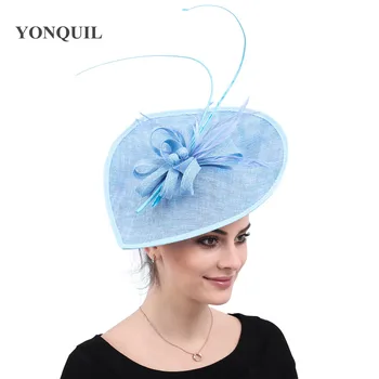 Светло синя шапка Derby Big Fascinators, сватбен женски елегантна прическа, реколтата, модни шапки, вечерни филц шапки за чай,