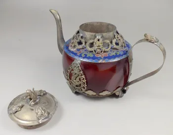 Китайската инкрустация от стария червен нефрит ръчно изработени Тибет-сребърен дракон чайник декоративно-приложното изкуство на метални изделия ръчна изработка
