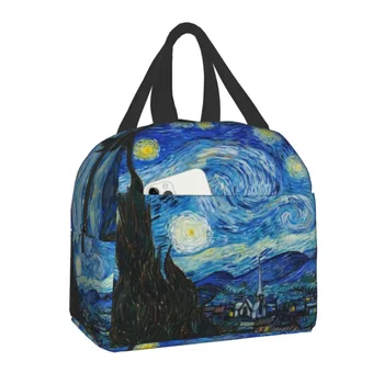 Случайна чанта за обяд Van Gogh Starry Night за жени, училищен преносим термоохладитель, обяд-бокс с цветя бадеми, цветя изкуство