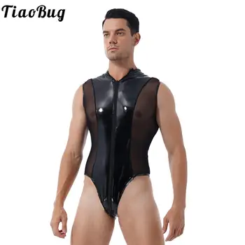 Мъжки дрехи за танци на един стълб TiaoBug за рейв клуб боди от лачена кожа с мокър ефект, бански костюми, чорапогащник-прашка с високо деколте с цип