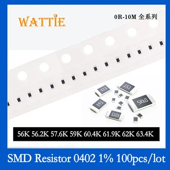 SMD резистор 0402 1% 56K 56.2 K 57.6 K 59K 60.4 K 61.9 K 62K 63.4 K 100 бр./лот микросхемные резистори 1/16 W 1.0 мм* 0.5 мм