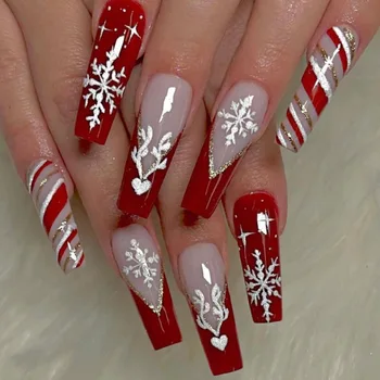 24шт Коледни режийни нокти, червен дълъг външен ноктите под формата на ковчега с снежинками, годни за носене френч-преса за нокти, маникюр с пълно покритие