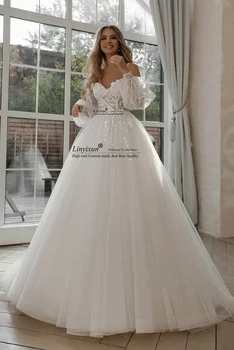Лъскави Сватбени рокли с пищни ръкави и Апликация от Дантела 3D Цветя с открити рамене Тюлевое на булката рокля в стил Бохо 2021 vestidos de новия