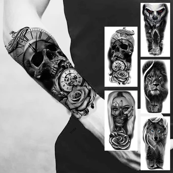 Временна татуировка с изображение на череп Компас за жени и мъже, реалистичен клоун, Лъв, Вълк, ужасно фалшива татуировка, етикет, татуировка на ръката до лакътя, водоустойчив татуировки по тялото
