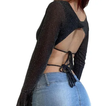 Облекло y2k, женски сексуални съкратен върхове с отворен гръб, Дълъг расклешенный ръкав, Прозрачни тениска с дълбоко деколте, Градинска облекло